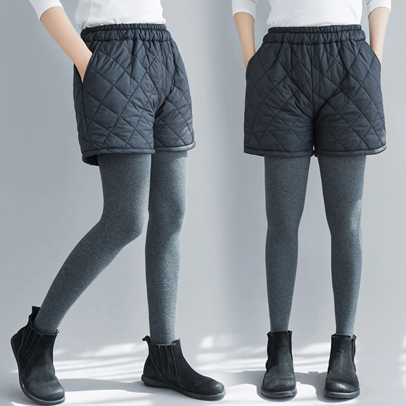 

Women Winter Fall Korea Style Solid Color Wild Casual Loose Elastic Waist Down Cotton Argyle Office Lady Vintage Straight Shorts