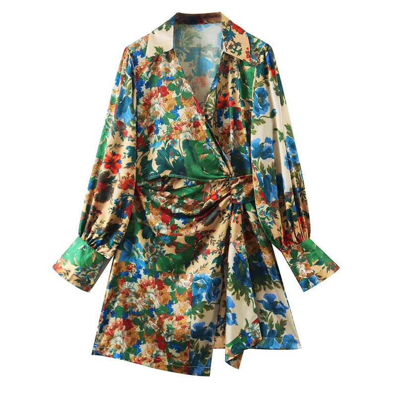 

ZXQJ Women Floral Print Satin Dress 2021 Autumn Fashion Ladies V Neck Knot Decoration Waist Mini Dresses Female Vintage Dresses