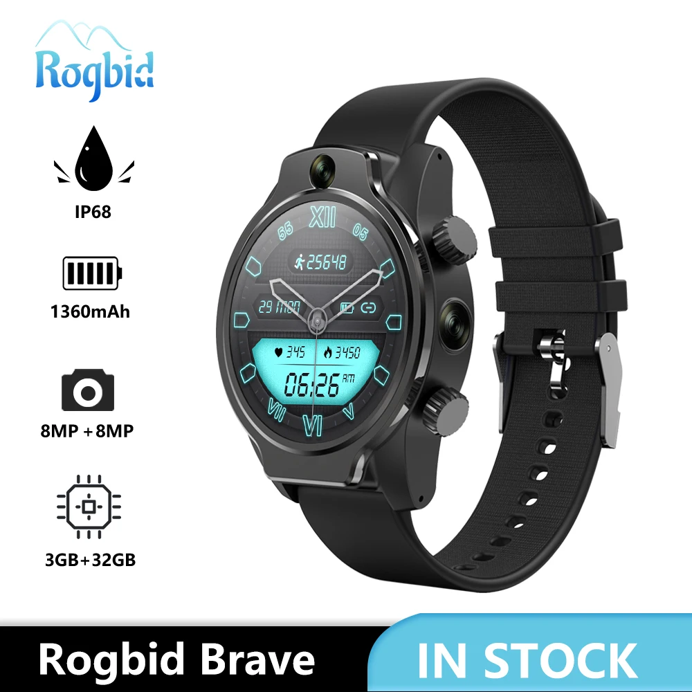Rogbid Brave 4G LTE Smart Watch Phone GPS 3GB 32GB Face ID Dual Camera 8MP WIFI Smartwatch Men IP68 Waterproof Clock For Xiaomi