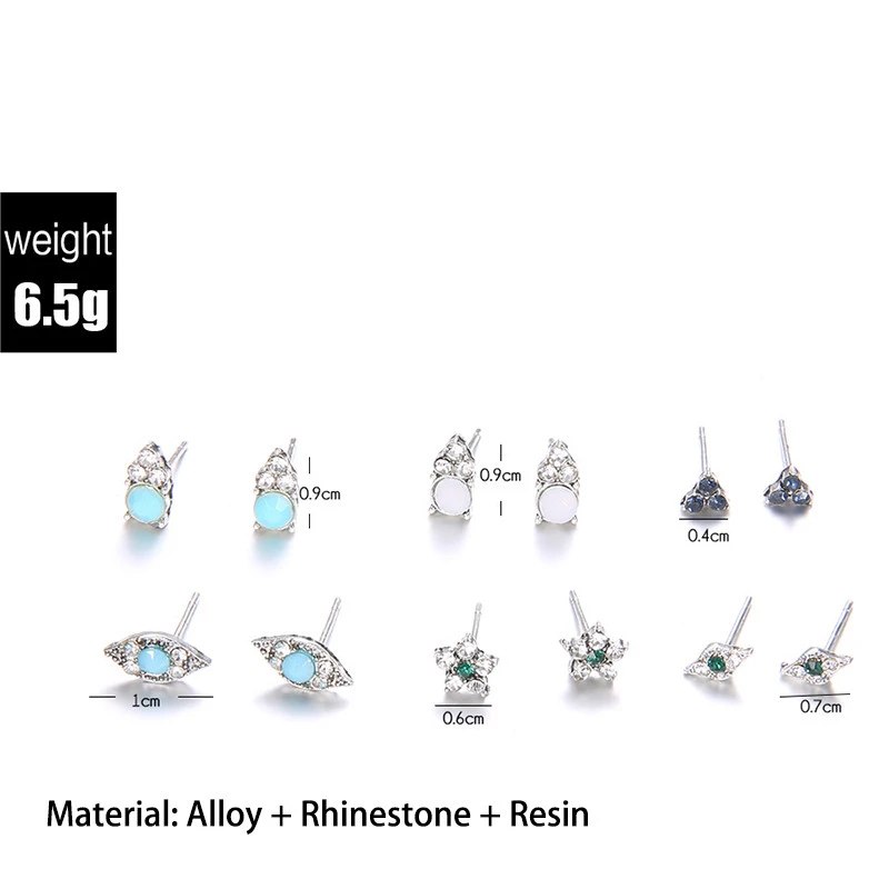 6Pairs Boho Rhinestone Earings Fashion Jewelry For Women Chic Flower Triangle Evil Eye Silver Stud Earrings Set Aretes De Mujer