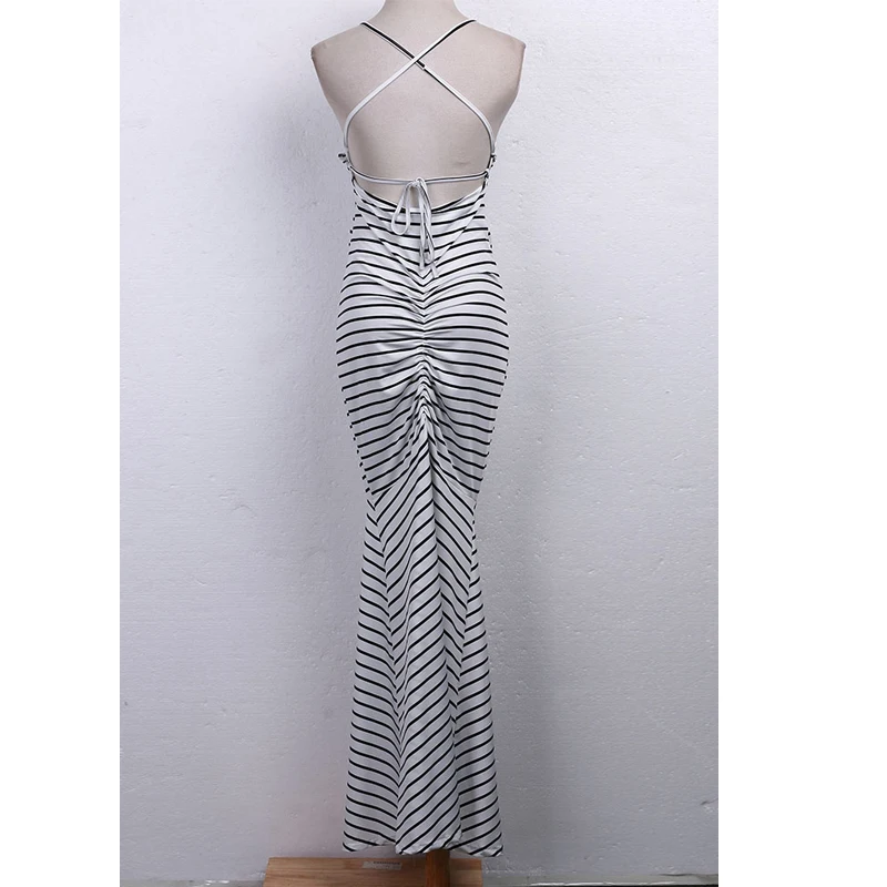 

Summer Women Vintage Boho Long Maxi Evening Party Beach Dress Sleeveless Striped High Waist Backless Skinny Long Dress