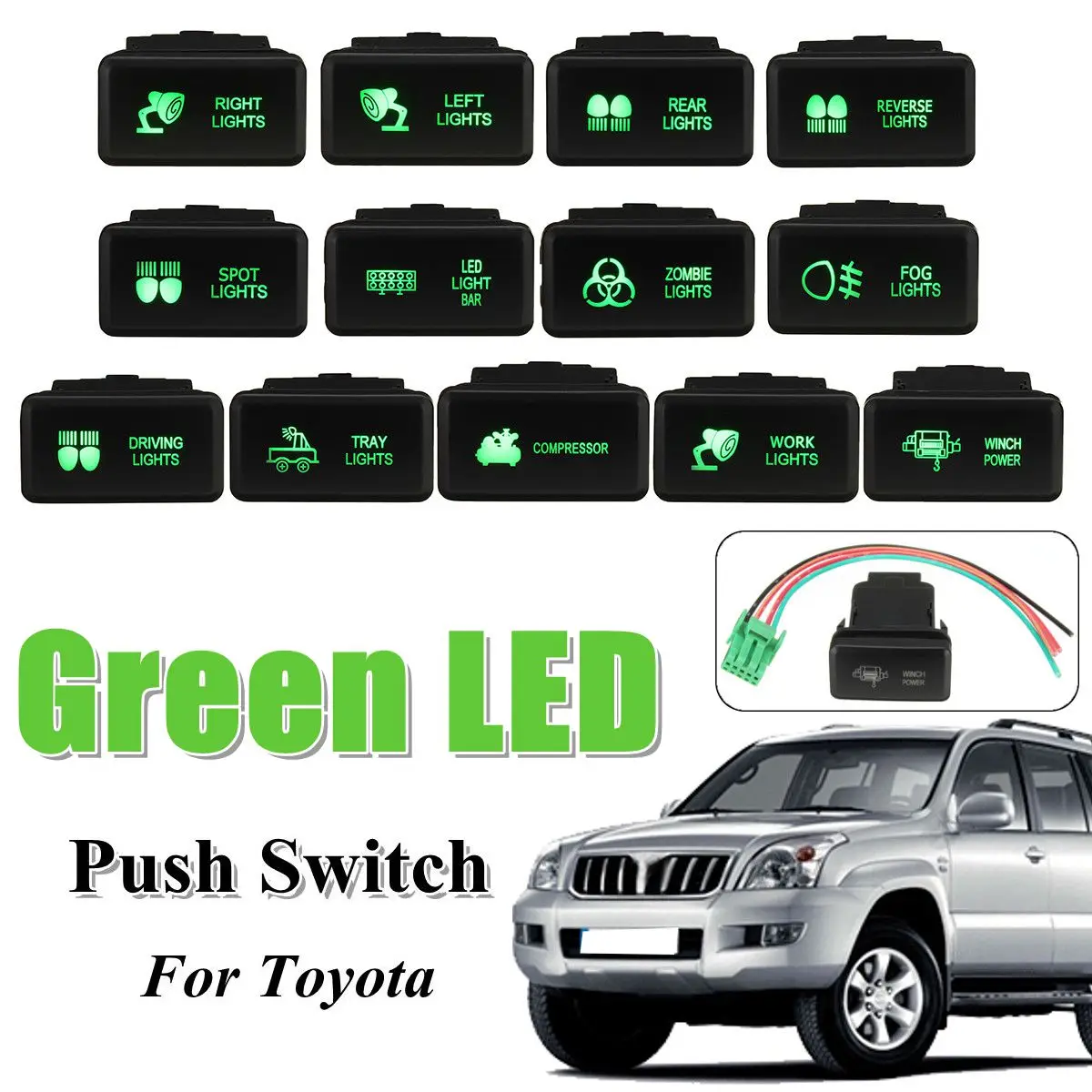 Зеленый светодиодный переключатель 12 В 5 контактов Кнопка ВКЛ./ВЫКЛ. лазерный с