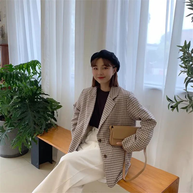 

HziriP Coffee Plaid Full Sleeves Chic Loose Geometric Vintage 2020 All Match Casual Tops Office Lady Fashion Women Blazers