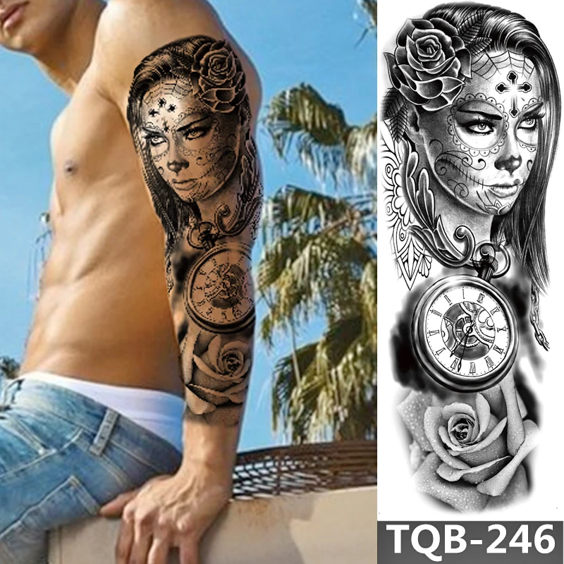 1Sheet Full Arm Temporary Tattoo Sleeve Tattoos Fake Body Art Rose Pumpkin Skull Halloween Chest Shoulder Tattoo Stickers