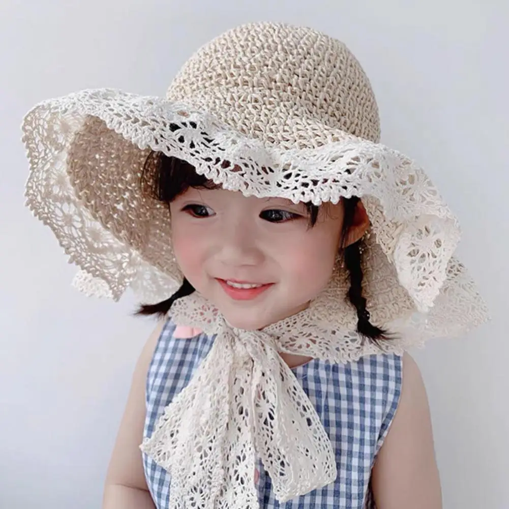 

2021 Summer New Children Handwoven Sun Hat Lace Wide Brim All-match Breathable Kids Straw Fisherman Hats Outdoor Camping Beach