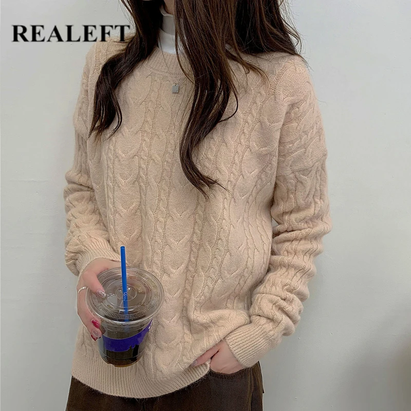 

REALEFT Autumn Winter Women's Knitting Pullovers Fashion Long Sleeve Solid Color Long Sleeve Lady Casual Knitwear Tops 2021 New