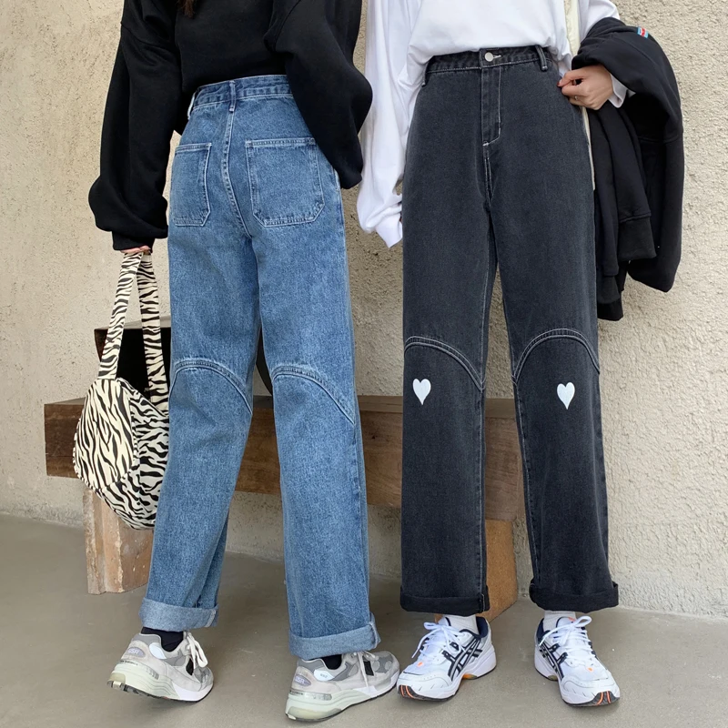 

High Waist Women's Jeans 2021 New Streetwear Heart Embroidery Straight Pants Female Y2K Harajuku Fashion Wide Leg Denim Trouser