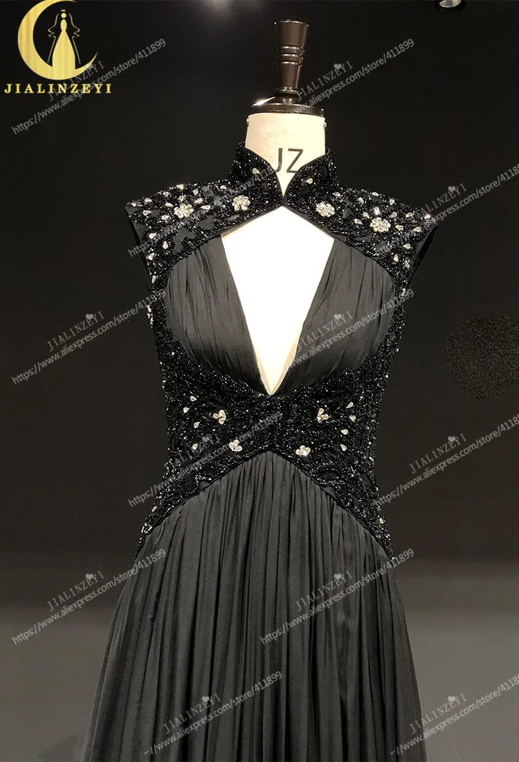 Rhine real Pictures Elie Saab Sexy High Neck Black Chiffon With Beads Arabic платье 2021 Evening Dresses Long