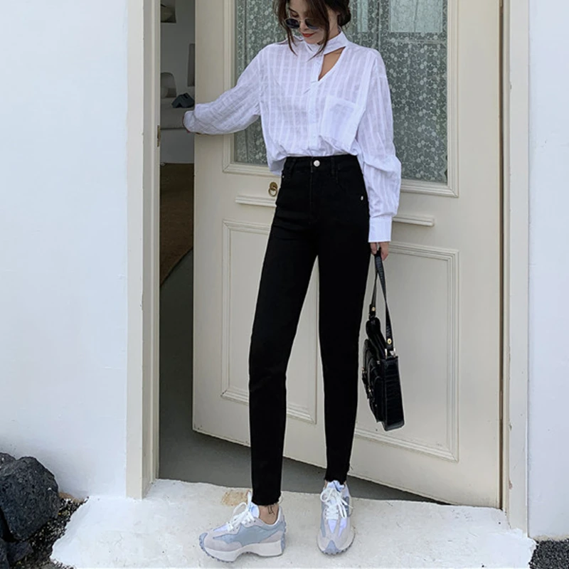 Женские винтажные растягивающиеся джинсы-карандаш с высокой талией 2021 пуговиц