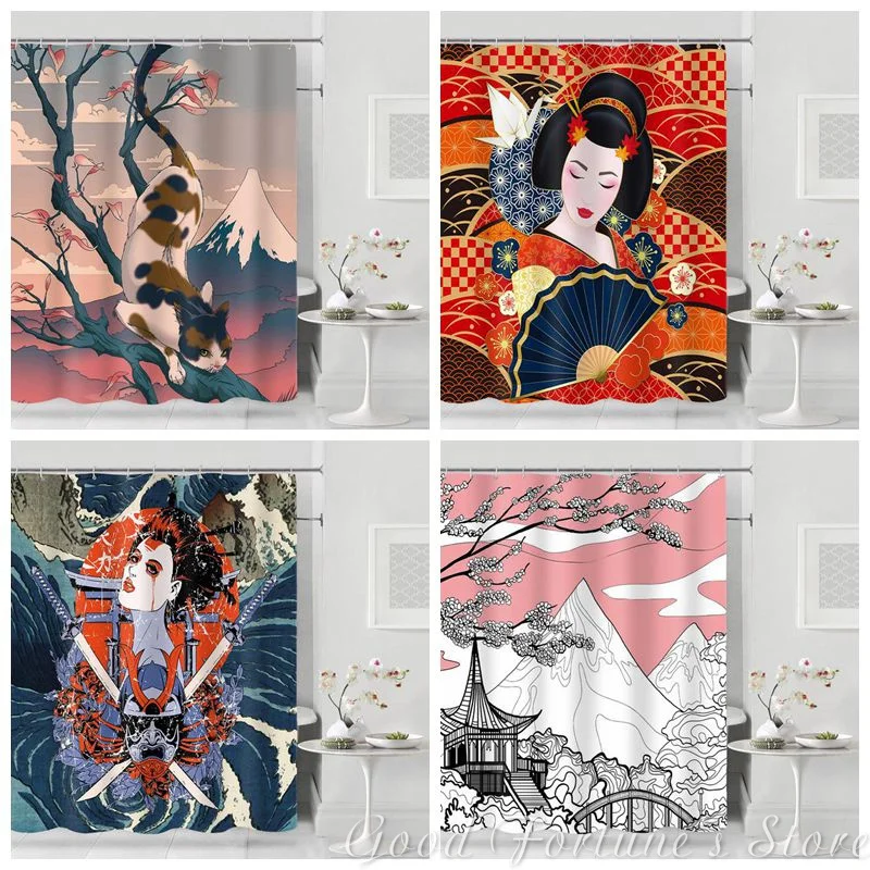 

Geisha Samurai Swords And Fuji Yamashita Cat Waterproof Shower Curtain Bathroom Decoration