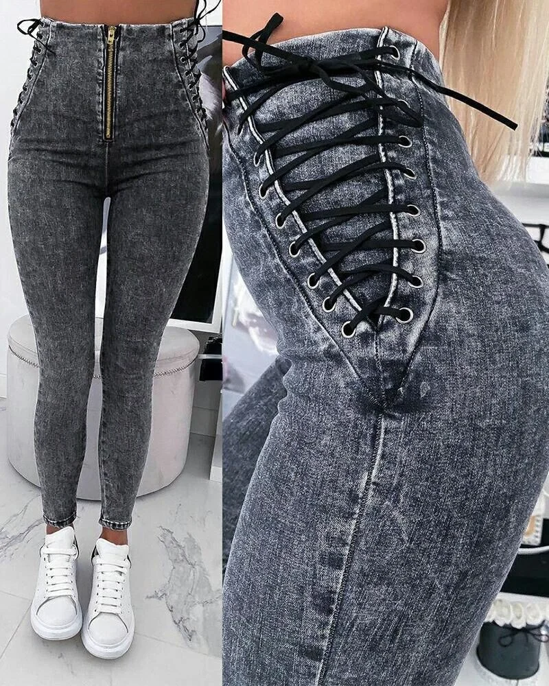 

2021 European and American New Product Bandage Waist Zipper Jeans Zipper Fly Grommet Eyelet Lace-Up Skinny Jeans