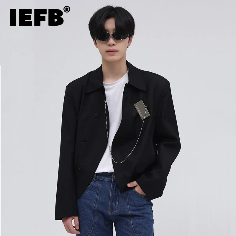 

IEFB Menswear Metal Decorated Chain Design Jacket Chic Korean Style Lapel Zipper Short Coat Autumn Winter 2021 New Cloth 9Y9795