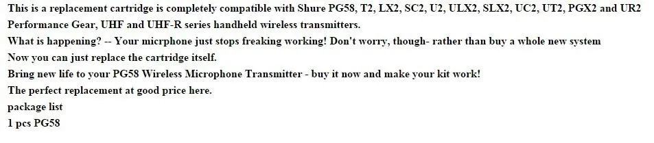 Замена картриджа Капсульная головка для Shure RPW110 PG58 Беспроводная микрофонная система