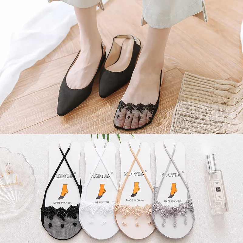 

4 Pairs New Ladies Pure Color Invisible Socks Japanese Mesh Small Flower Suspender Cute Socks Shallow Mouth Cotton Women Socks