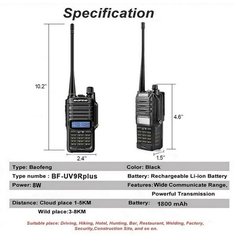 Baofeng UV 9R плюс для переносного приемо передатчика 5 Вт 1800mA двухстороннее радио CB