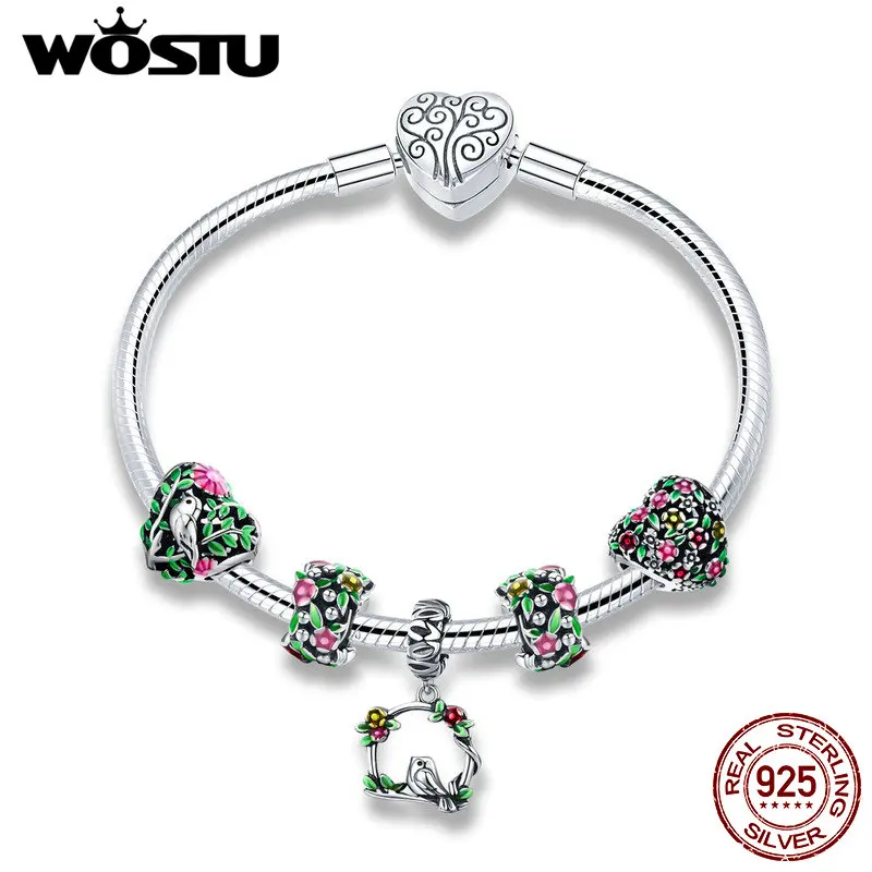 WOSTU топ продаж 925 пробы серебряные весенние цветы, листья и браслет с подвеской в виде птицы для женщин модный бренд ювелирные изделия из бисера подарок CQB804