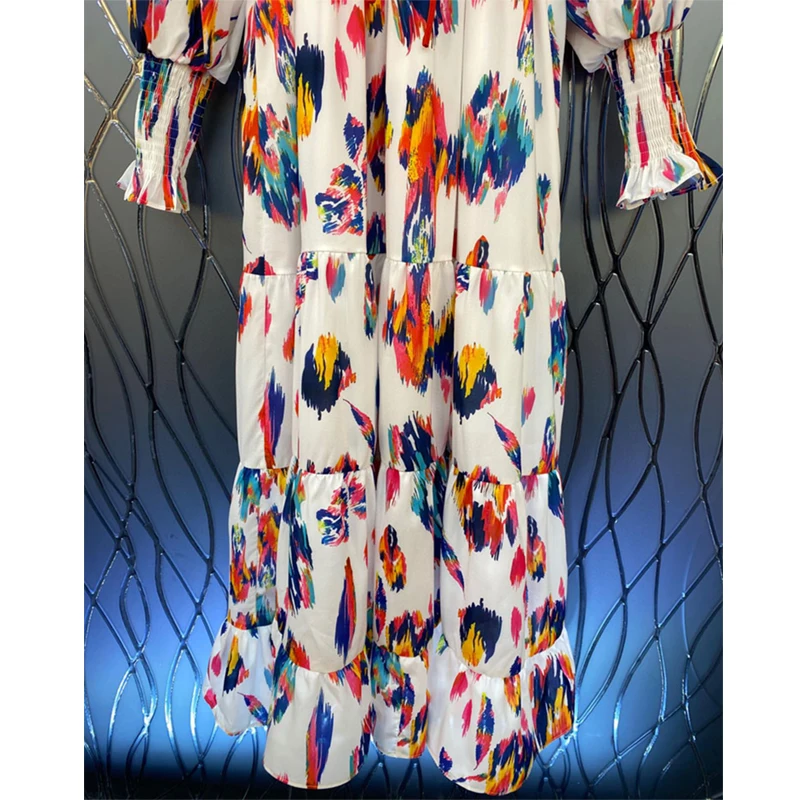 

SEQINYY Holiday Midi Dress Early Autumn Spring New Fashion Design Women Runway High Street Colorful Ink Print Blue Belt Casual