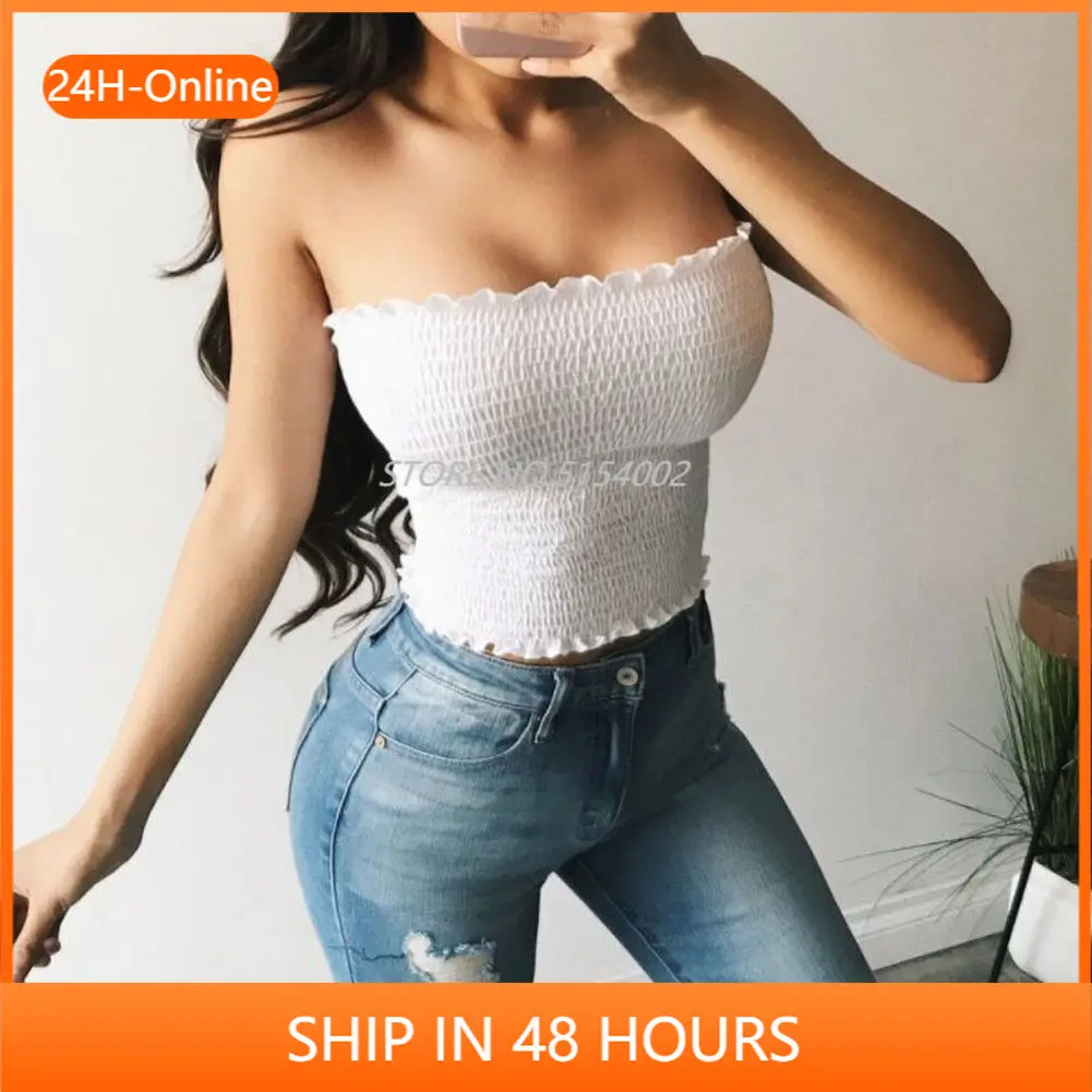 

2021 Summer Ruched Tube Tops Women Casual Sleeveless Tank Tops Strapless Camis Crop Tops Femme Black White Grey Crop Top