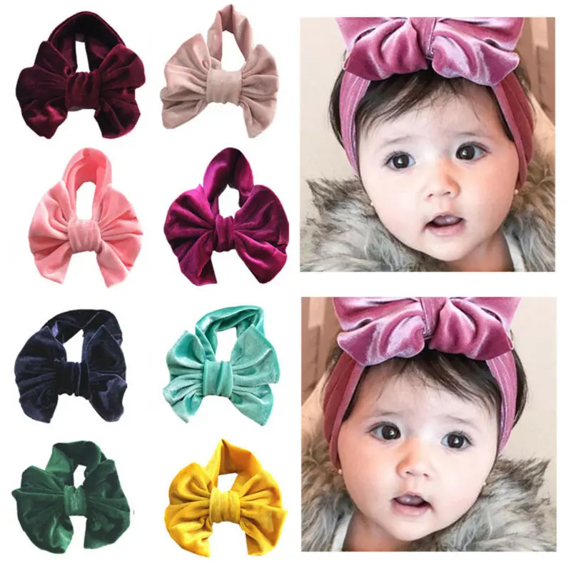 Мягкая Золотая Бархатная повязка на голову с бантом для маленьких девочек