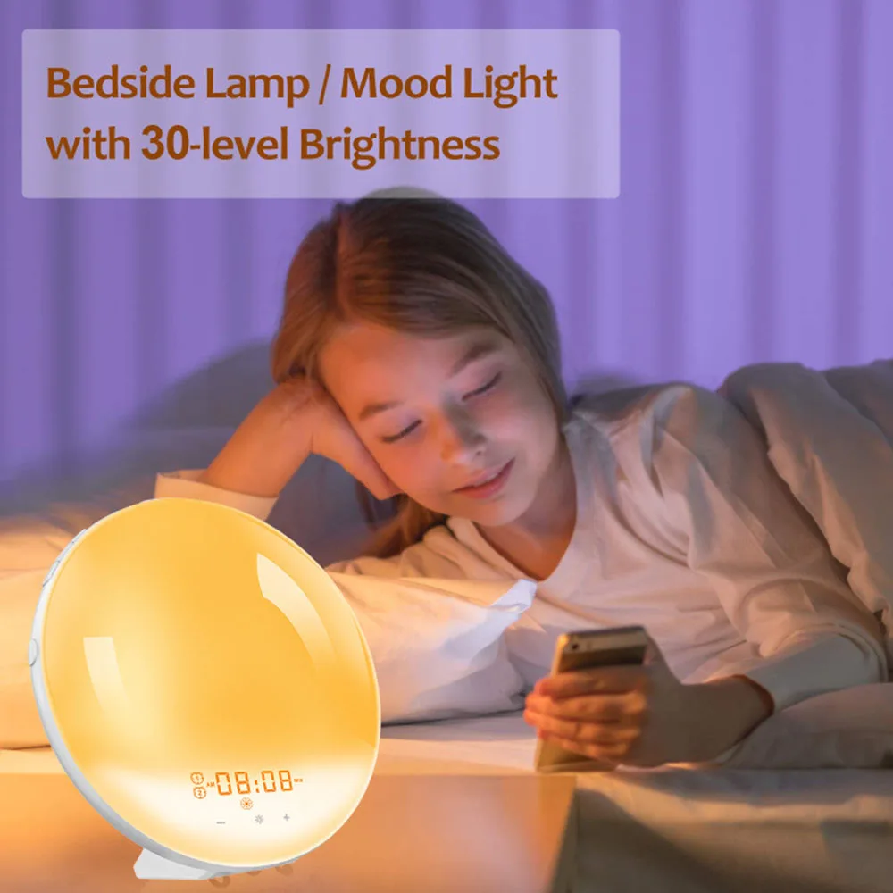 

Smart Wake Up Light 7 Colors Sunrise Alarm Clock Sunset Simulation Home Digital Light Alarm Clock Nature Sounds FM Radio