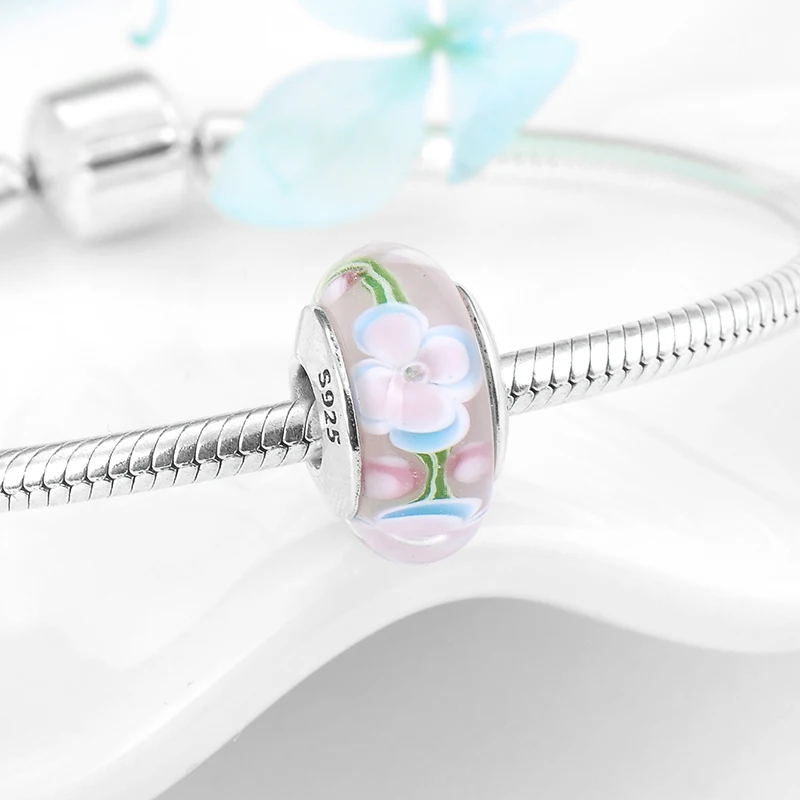 Модные Розовые цветы Стерлинговое Серебро 925 пробы муранское стекло Женские