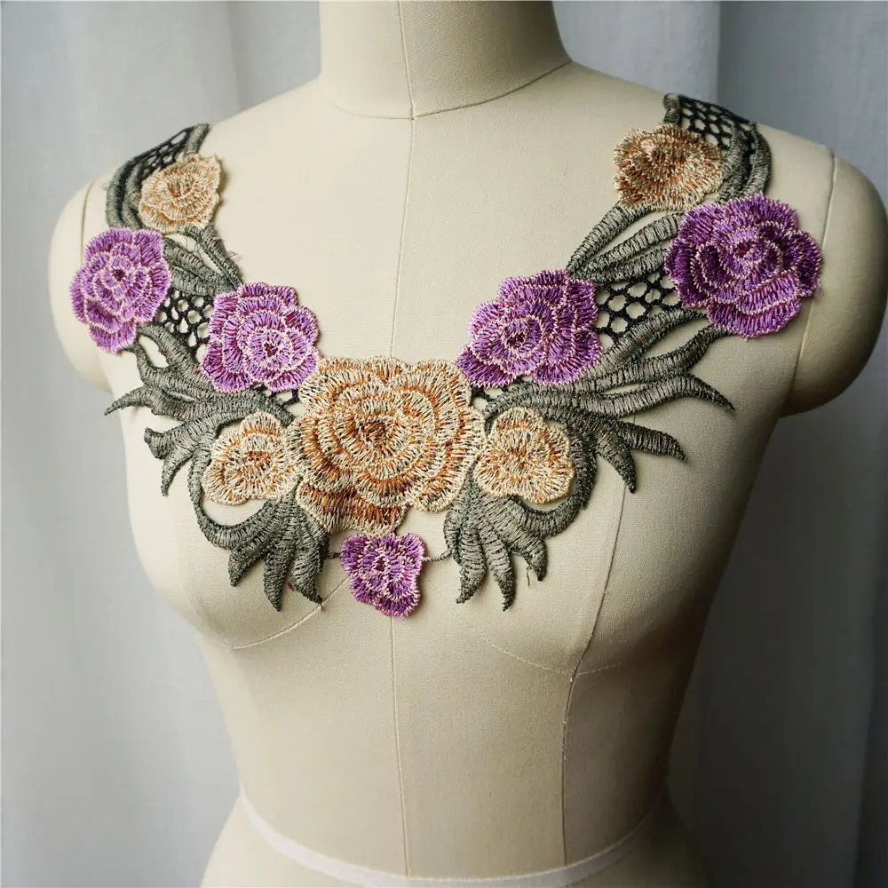 Фиолетовый вышитый цветочный воротник искусственная кружевная ткань нашивки