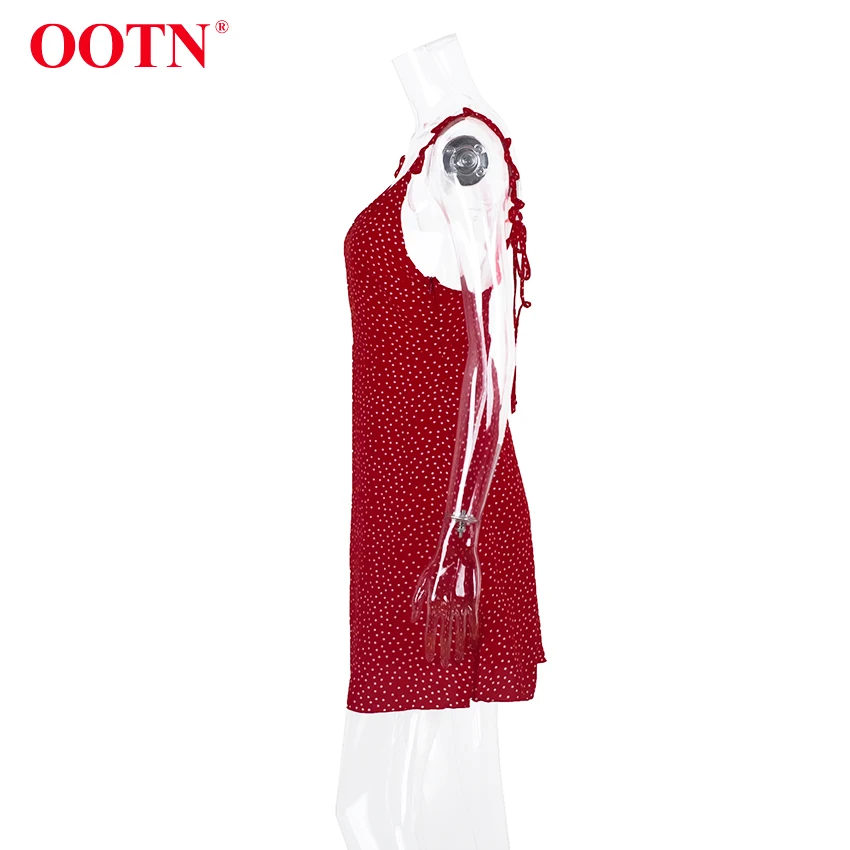 OOTN платье в красный горошек с оборками, женское летнее платье с открытой спиной на шнуровке, элегантное платье без рукавов на бретельках