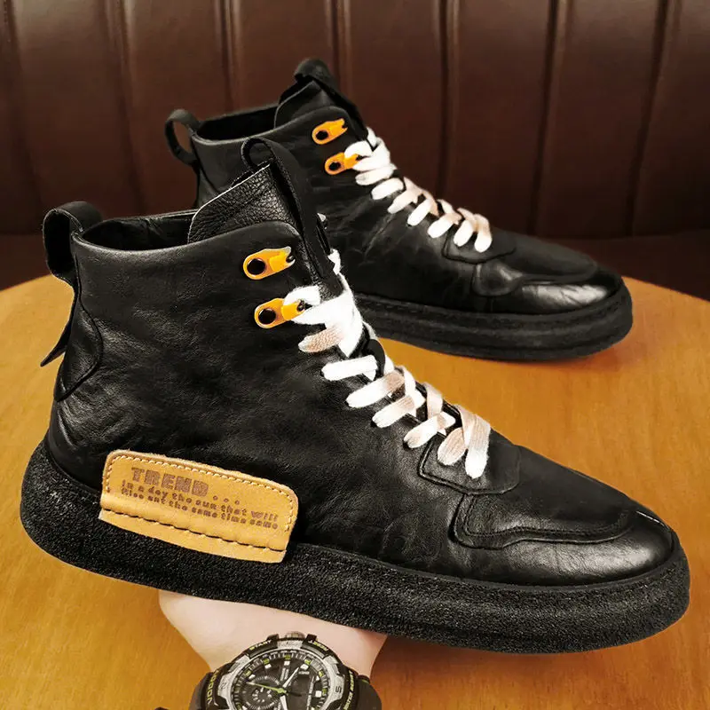 Мужские зимние кроссовки ботинки средней длины мужские винтажные кожаные ручной