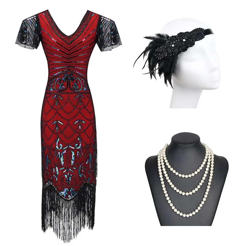 Red Set -A 1920s Гэтсби блесток бахромой Пейсли Хлопушка платье с 20s аксессуары набор xs, s, l, m, xl, xxl - Цвет: Red Set -A