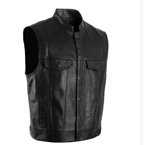 

Solid vest motorcycle stand collar Leather Vest punk shoulder