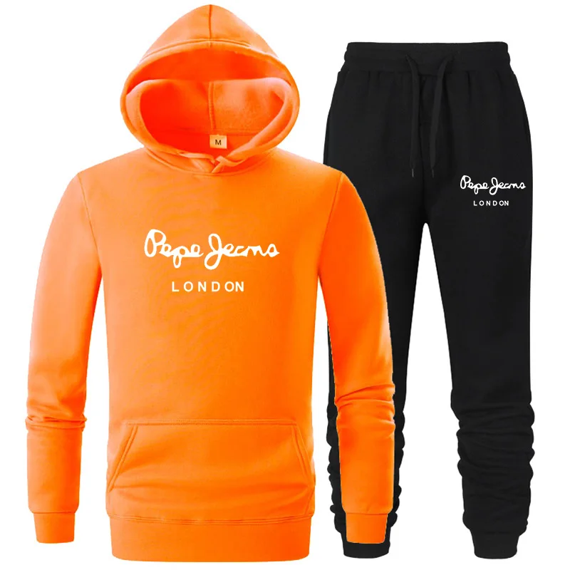

Men's Solid Color Casual Suit Spring Autumn New Hoodie + Pants Two-Piece Sportswear Print Fashion Brand Sportswear Suit Men 2021