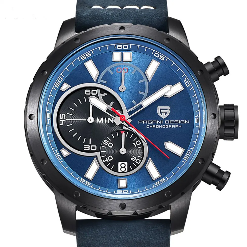 Мужские часы Pagani дизайнерские кварцевые с синим циферблатом 46 мм хронографом и