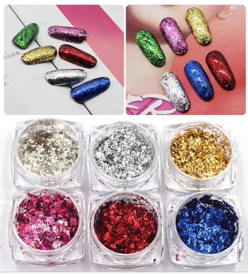 

6 Colors/Set Nail Flake Mirror Chip Flake Sequins With 3 Brushes Gold/Silver/Blue/Pink/Red Irregular Flake Nail Tips Art Glitter