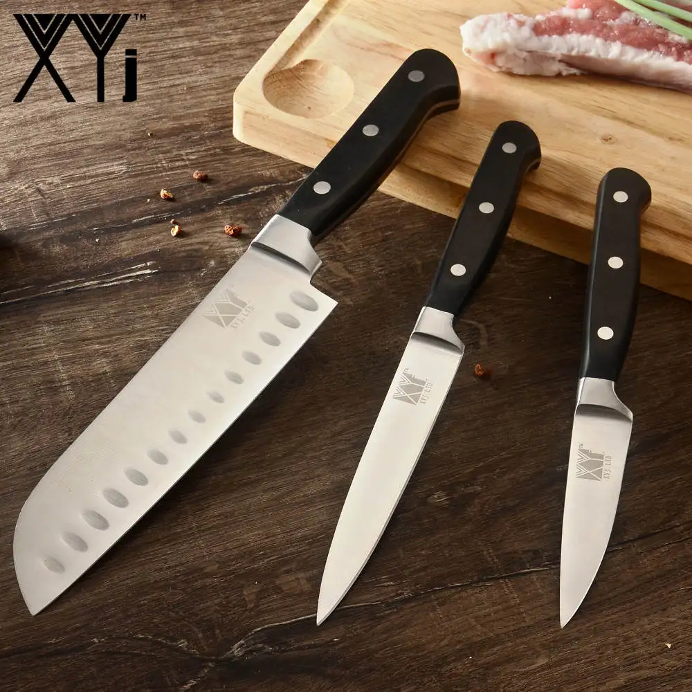 F.3PCS SET XYj 9 шт. набор кухонных ножей инструмент заточка для ножниц 8 ''подставка для ножей шеф-повара нож для нарезки хлеба Santoku нож для очистки овощей инструмент для приготовления пищи - Цвет: F.3PCS SET