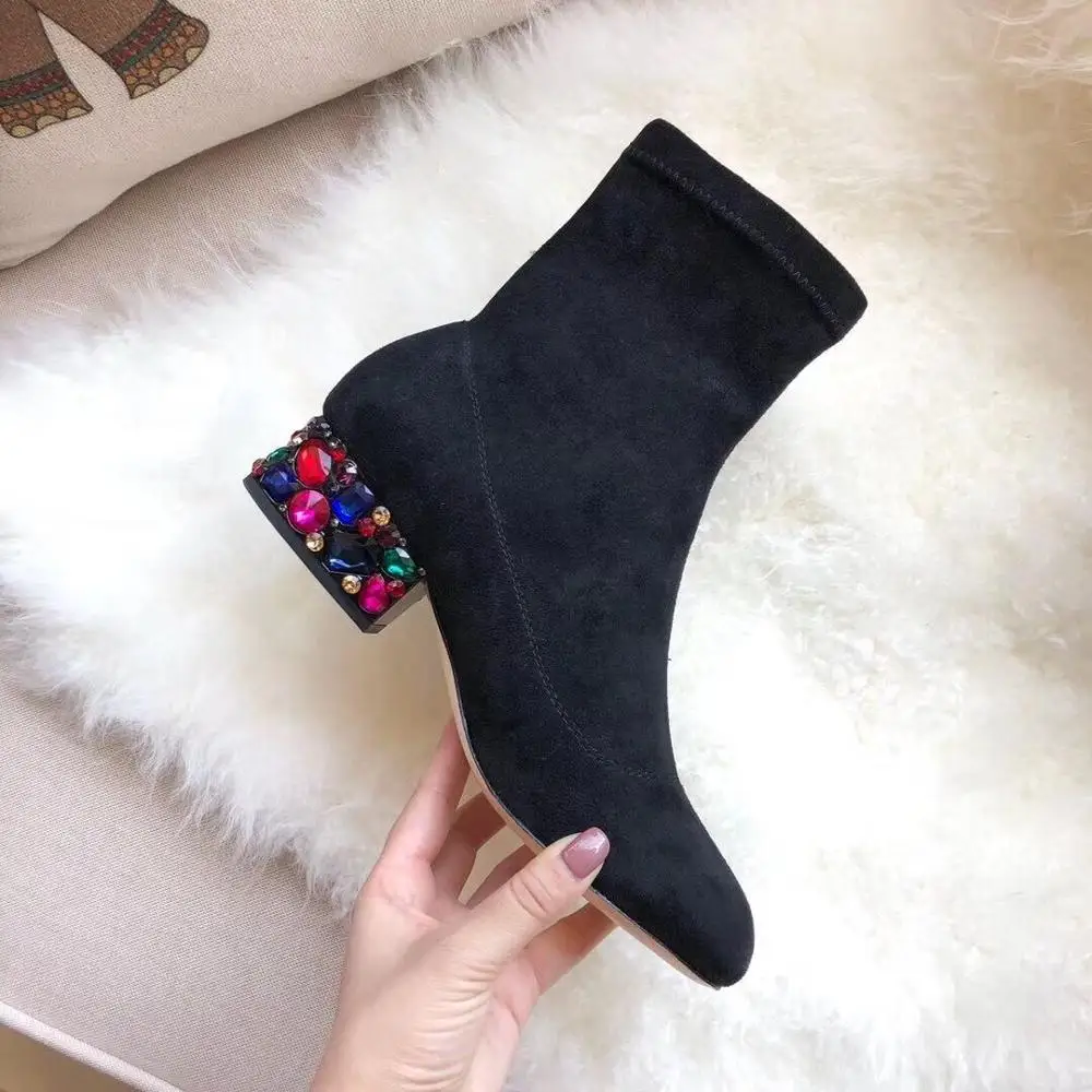 Luxury Brand Colorful Rhinestone Women Ankle Boots Suede Leather Round Toe Flats Winter Warm Shoes Party Dress Short Woman | Обувь