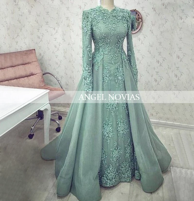 

Long Sleeves Muslim High Neck Evening Dresses 2020 Dubai Kaftan Lace Beaded Floor Length Elegant Moroccan Formal Party Gowns