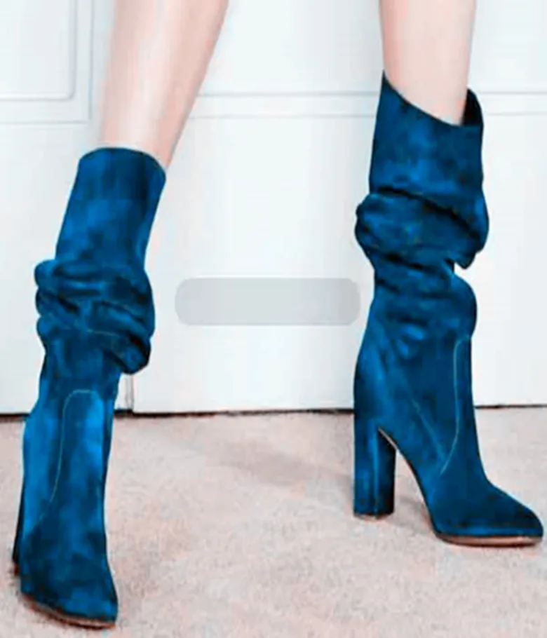 

Высокие сапоги до колена; Синие замшевые женские модельные сапоги с круглым носком на квадратном каблуке; Зимняя плиссированная обувь без з...