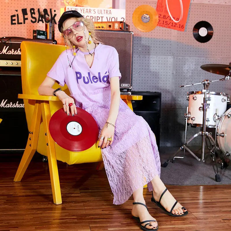 Женское Повседневное платье ELFSACK фиолетовое однотонное с буквенным принтом