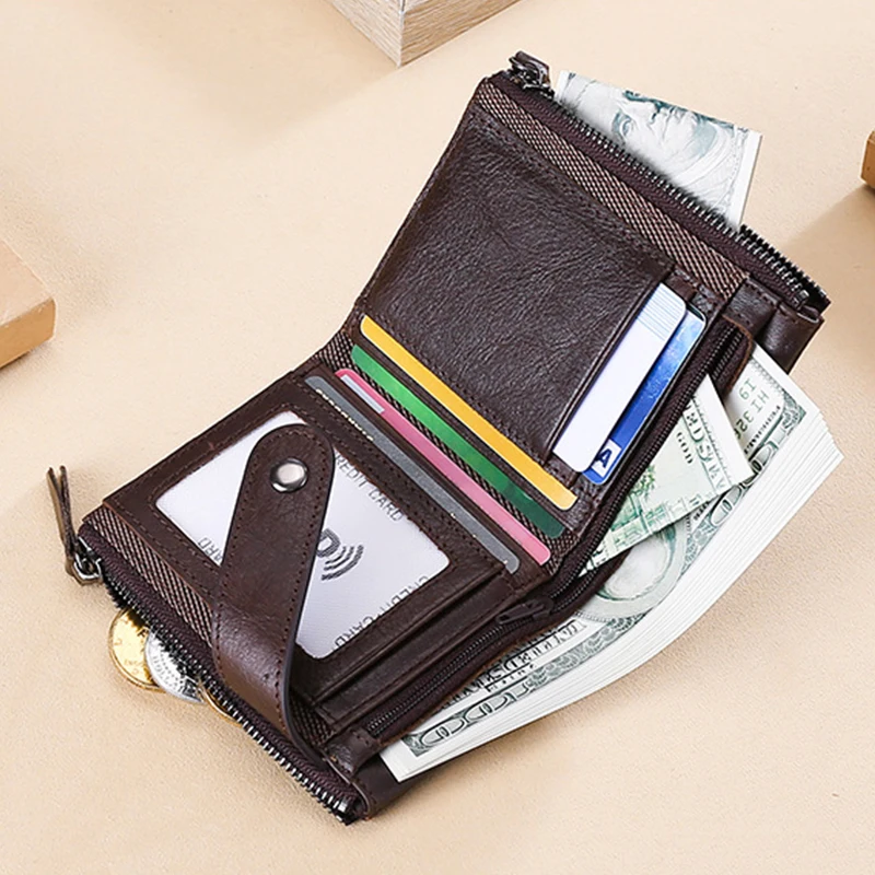 Double zipper short men's wallet leather zipper buckle antimagnetic change coin hand held oil package wax leather wallet