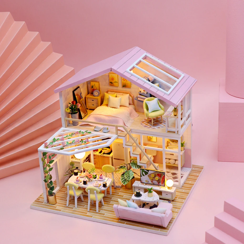 

DIY Dollhouse Kit Wooden Doll Houses Miniature Doll House Furniture Kit with LED Light for Children Birthday Gift