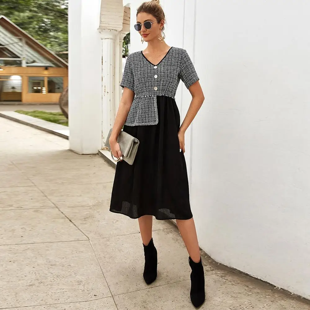 

Элегантное клетчатое платье для женщин, офисное платье с коротким рукавом, v-образным вырезом и пуговицами, платья с высокой талией, Дамский ...