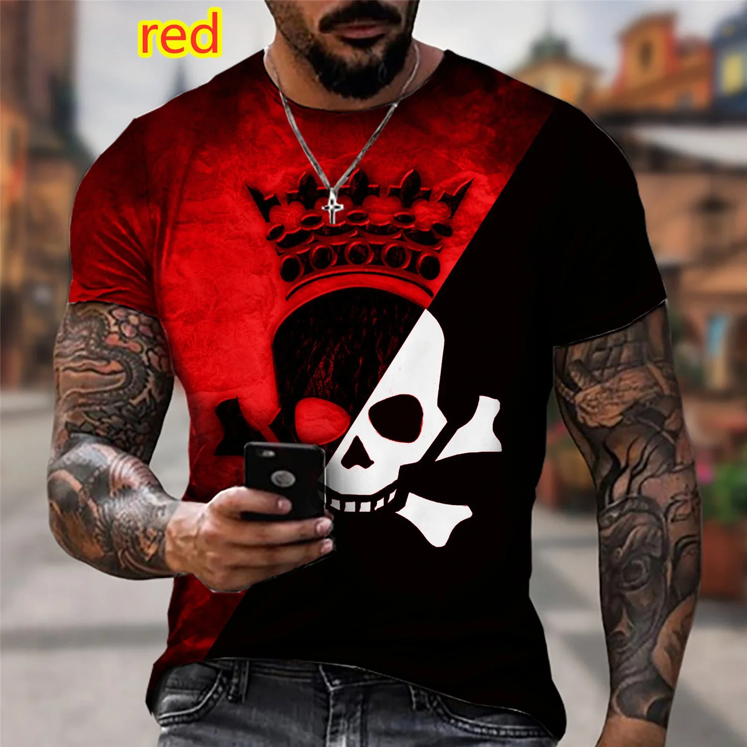 

Men's Fashion Skull 3D Printed T Shirt Funny Short Sleeve O-neck Color Matching Tee Tops