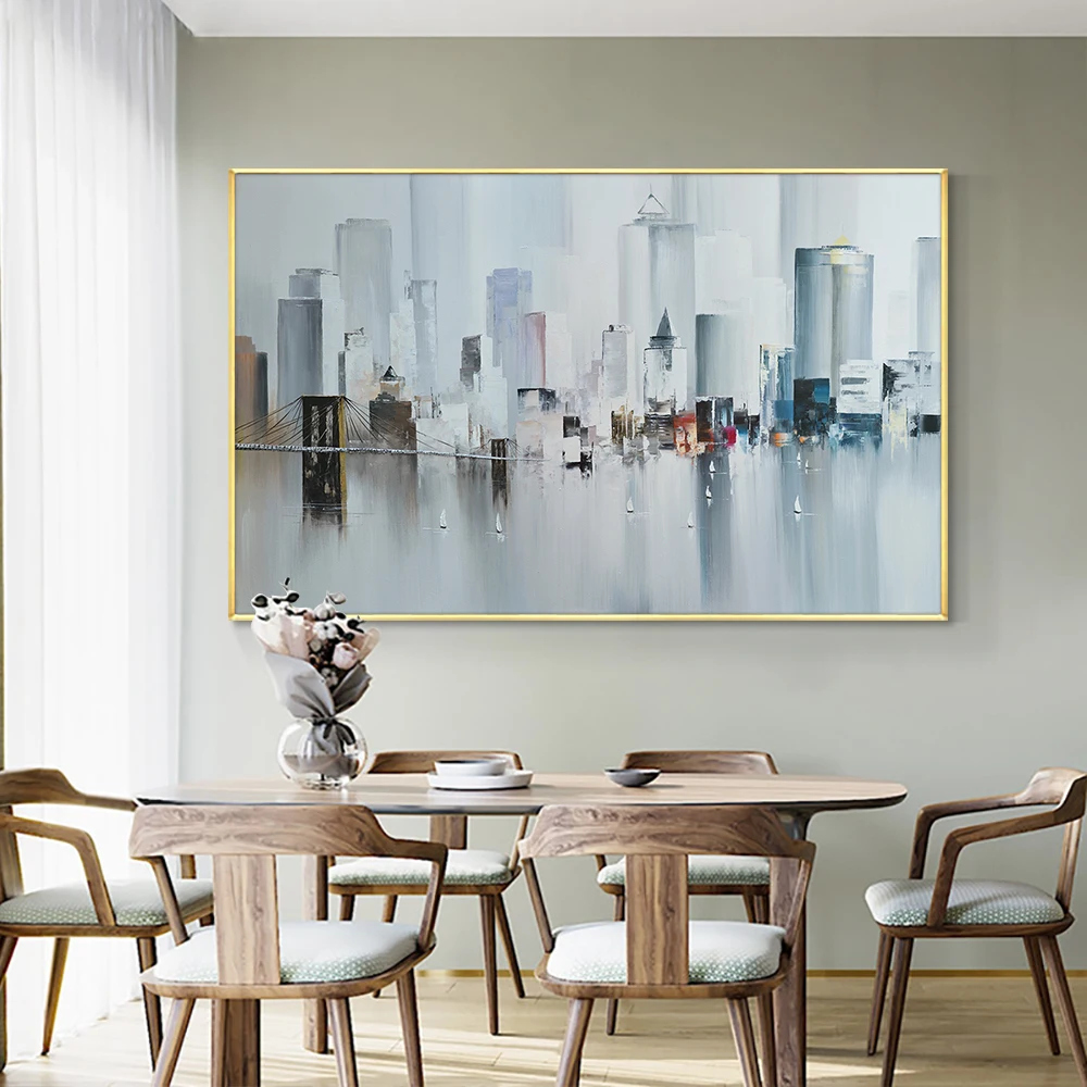 Абстрактные большие городские здания на реке с небольшими лодками 100% ручная