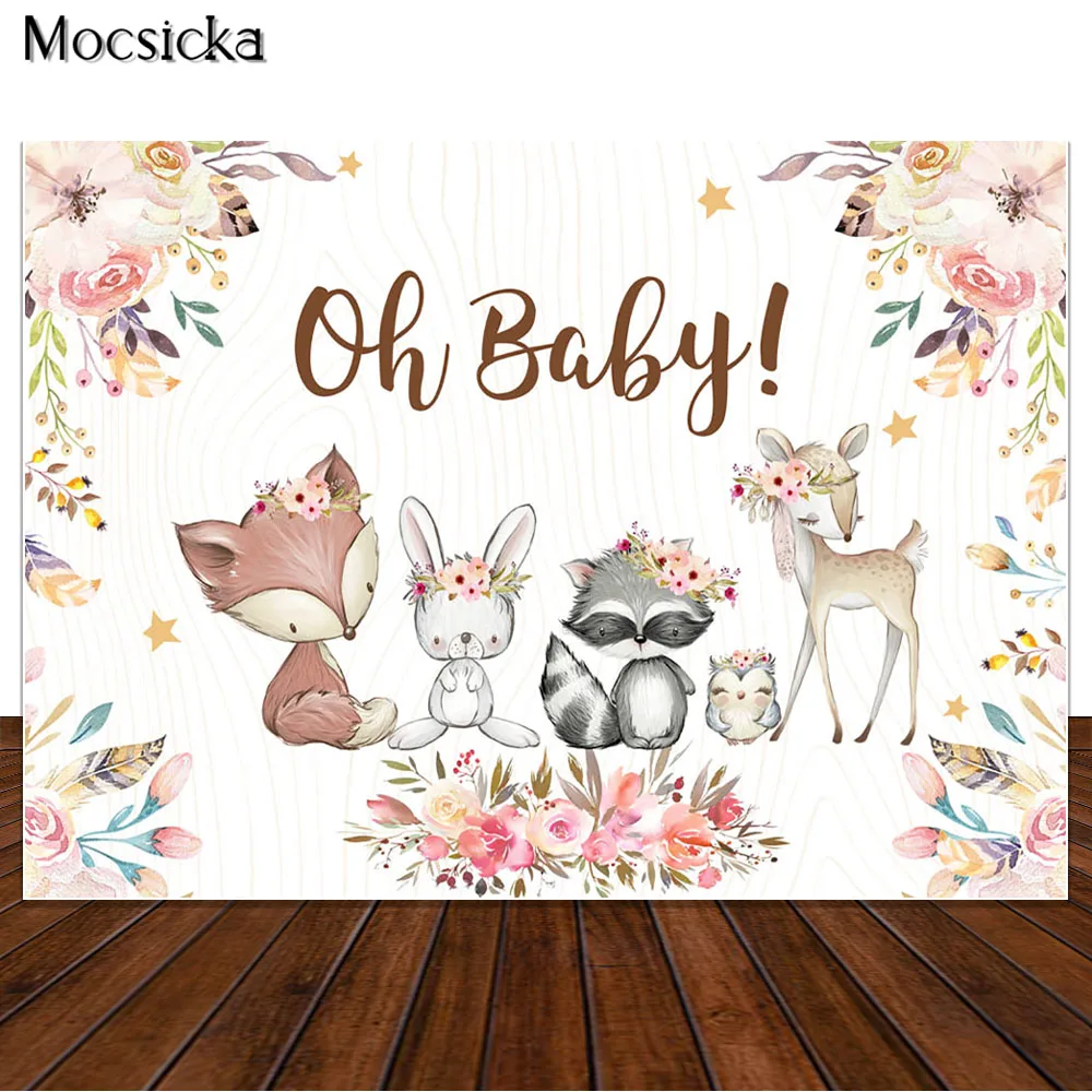 

MOCSICKA Oh Baby Woodland Baby Shower Backdrop Animal Birthday Party Decoration Photography Background Cute Fox Flowers Banner