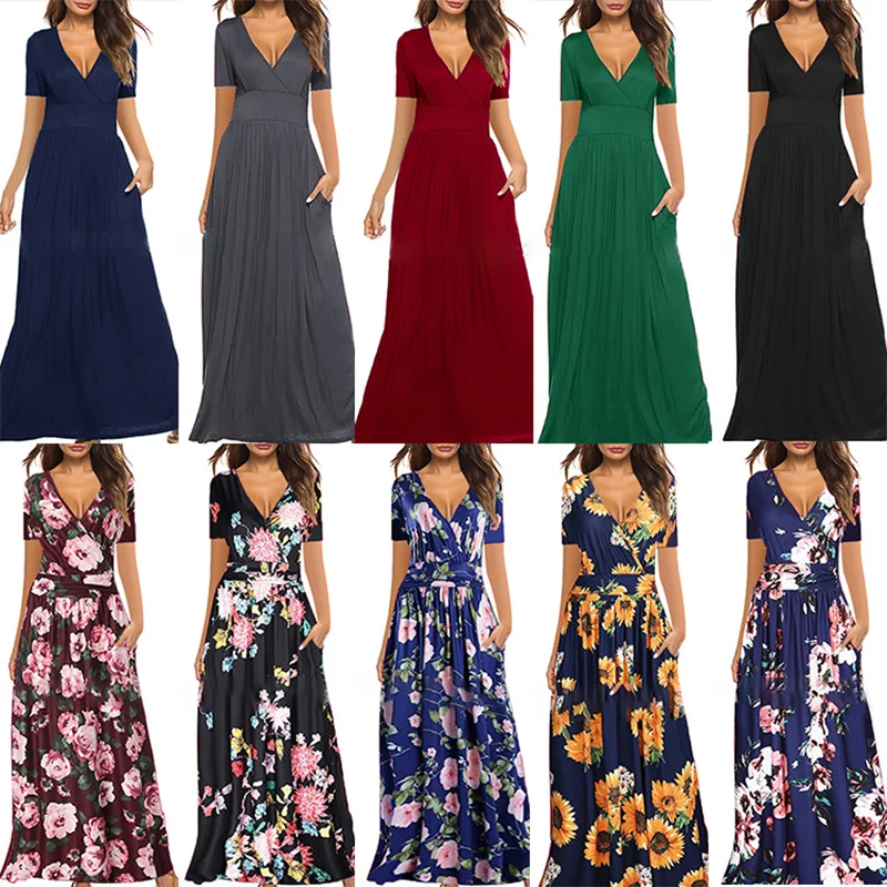 

V-neck Long Dress For Women Summer Elegant Dress Bohemian Floral Print Robe Plus Size Bohemian Slim Cotton Dress Vestidos