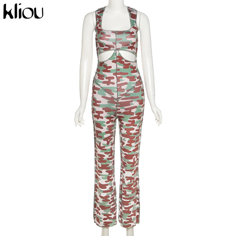 

2021 camouflage print jumpsuit sexy hollow three-dimensional tailoring sleeveless casual suit