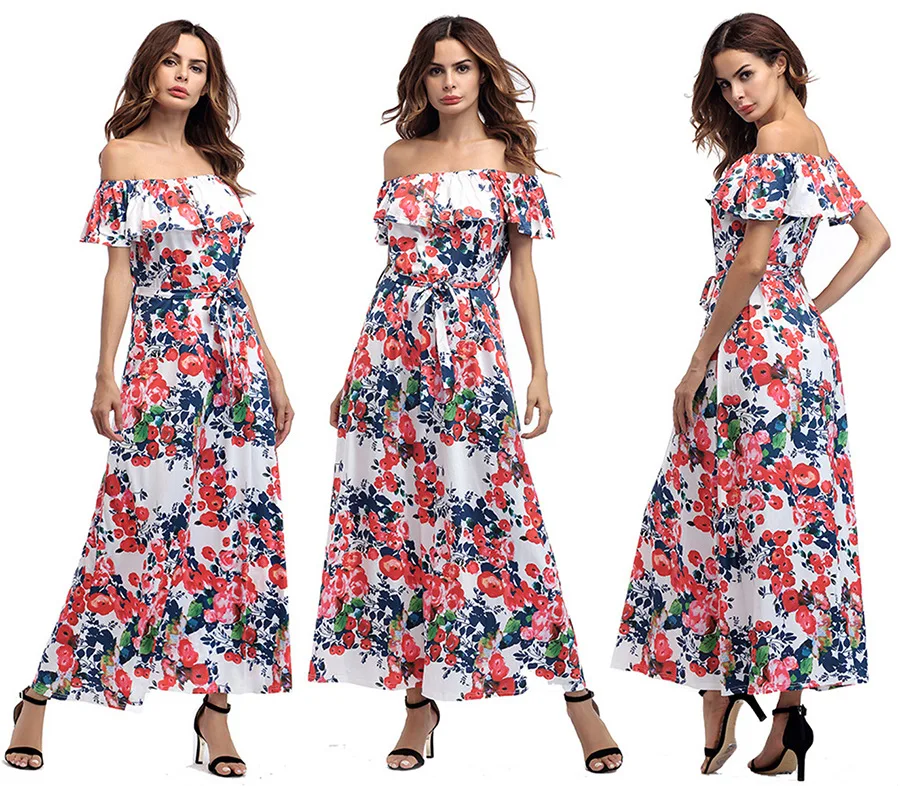 

Women Maxi Dress 2022 Summer Sundress Sexy Ruffle Party Dresses Sexy Off Shoulder Casual Loose Vintage Dress Vestido AB361