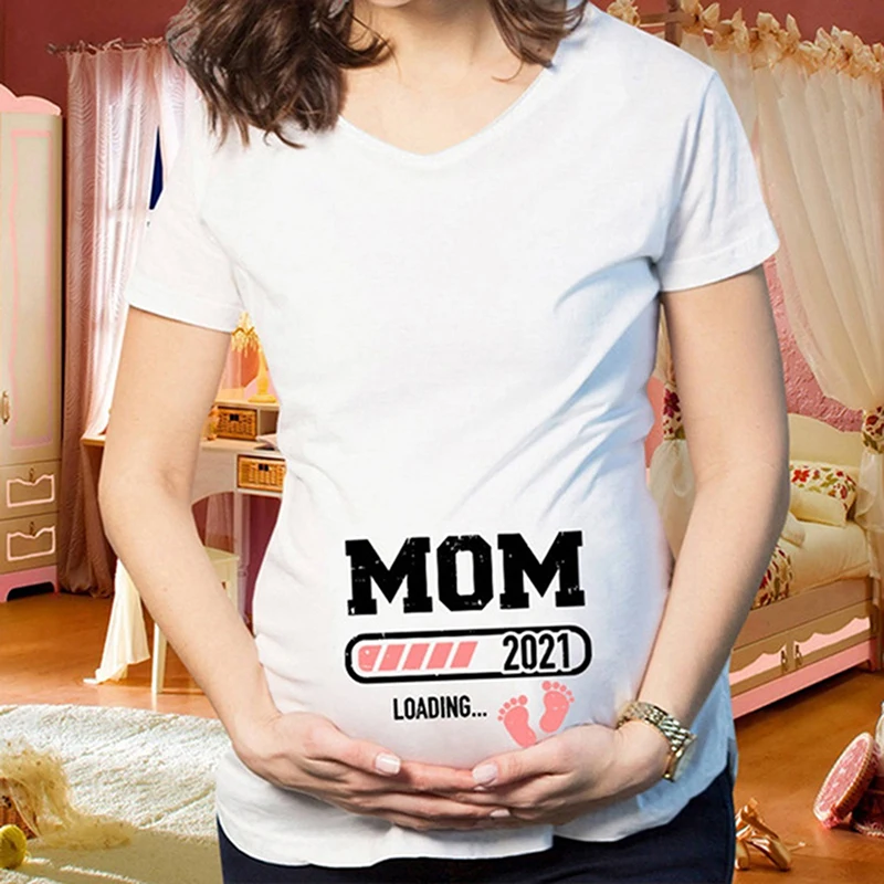 

Mom Dad Loading 2021 Printed Pregnant T Shirt Summer V Neck Short Sleeve Maternity Wear Couple Outfit