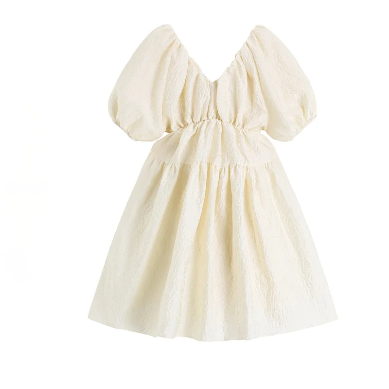 

Sweet V-neck Puff Sleeve Dress for Women Summer New Slim Waist Solid Ball Gown Vestido De Mujer Moda Sundress Tide Elegant Robe