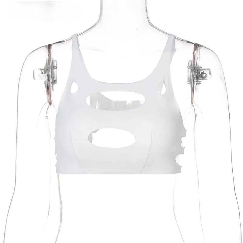 

2021 Sleeveless Solid Strap Hollow Out Hole Sexy Crop Top Summer Women Fashion Streetwear Outfits Y2K Camis